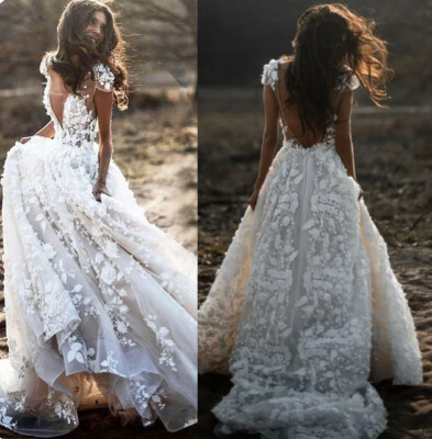 Floral Princess Bride Wedding Dress True Picture Luxury Beaded 3D Flowers V Neck