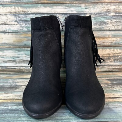 Ecco Ankle Boot Size 5-5.5 Black Leather Fringe Block Heel Zip Round Toe Western