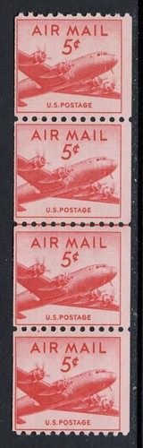 SCOTT#C37, 5c CARMINE JOINT LINE STRIP OF 4. F/VF & NH.