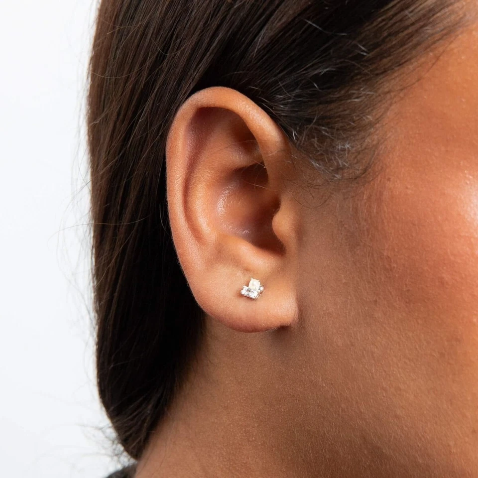 Baguette Perla E Zircone Bottone Orecchini Argento Sterling 925 Marchiato Nuovo - Immagine 3 di 3