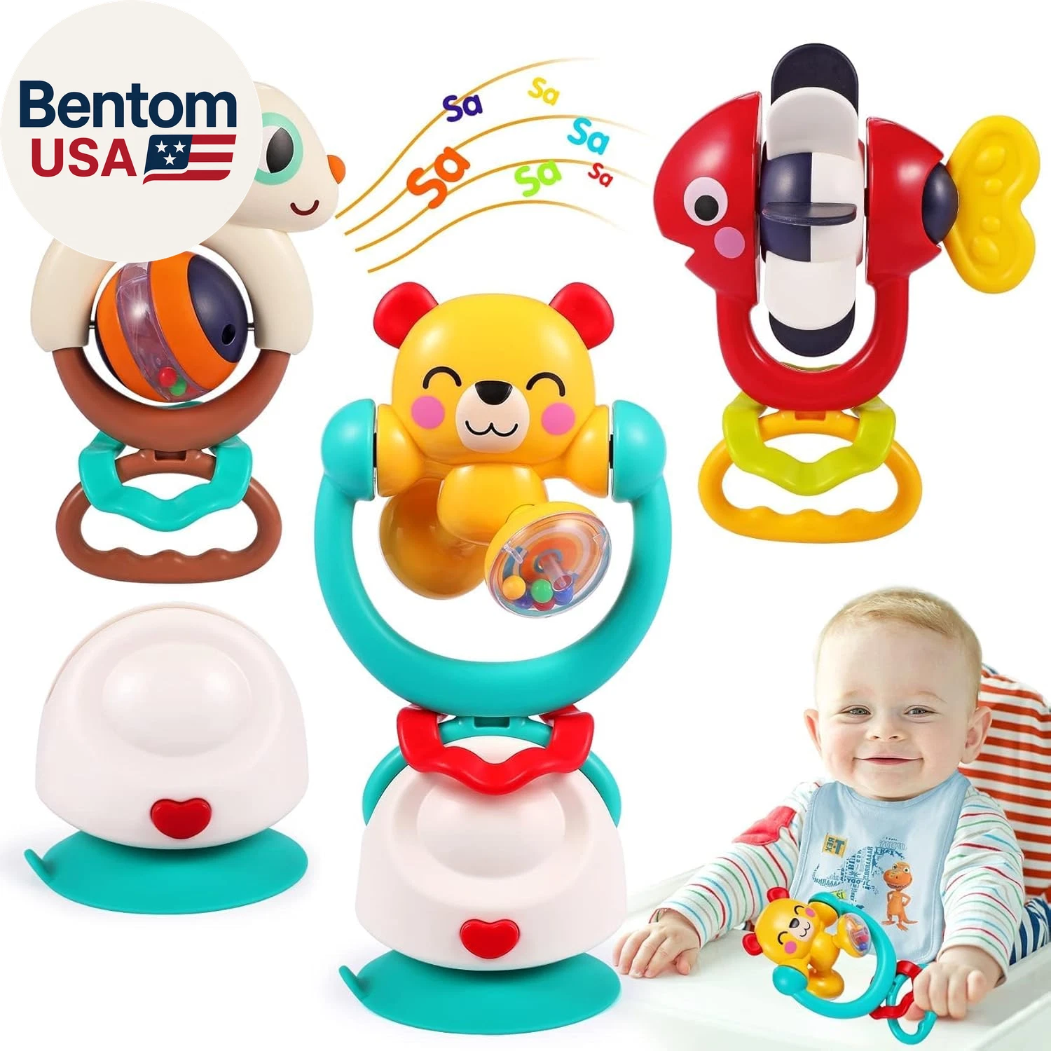 Baby Toys 6-12 Months Infant Toy Set of 3 High Chair Suction Cup Rattle Teething