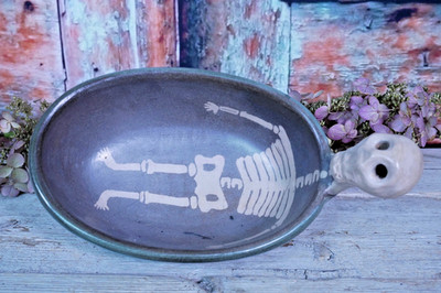 Day of the Dead Skeleton Resting in Clay Bowl Handmade Michoacán Mexico Folk Art