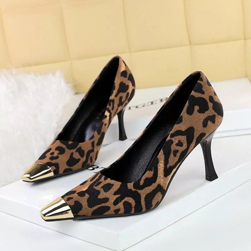 Zapatos de Salón Mujer Talón 7,5 CM Punta Metalizado Estampado Animal Sexy