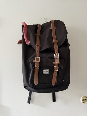 Herschel Black Canvas Backpack Brown Straps Red/White Striped Lining