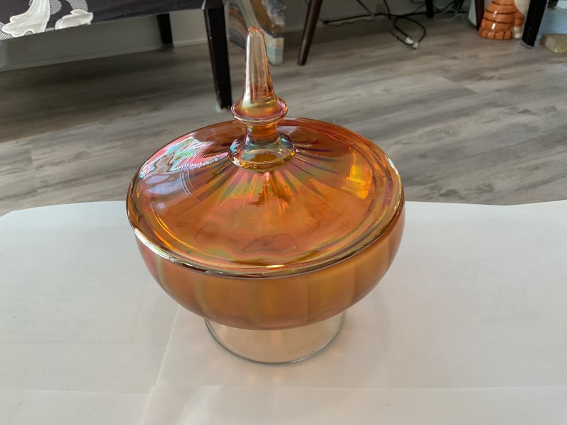 Vtg Lancaster Glass Marigold Iridescent Footed Candy Dish 