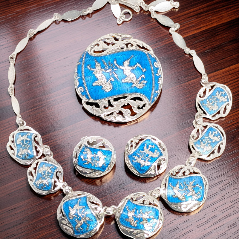 VINTAGE STERLING SILVER BLUE ENAMEL SIAM SET EARRINGS BROOCH 16" NECKLACE #7938