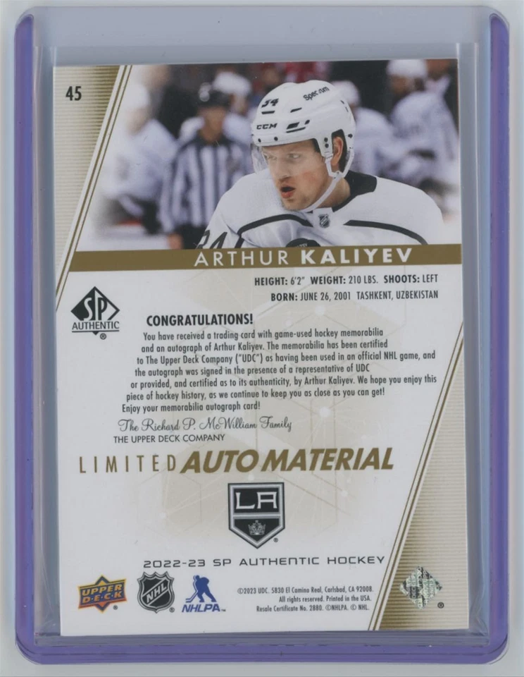 2022-23 UD Sp Authentic Limited Auto Material Arthur Kaliyev Auto /100 #45 - Image 2 of 2