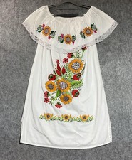 Mexican Embroidered Dress Womens Medium White Floral Oaxaca Peasant Fiesta Boho