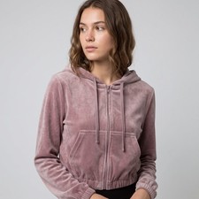 John Galt Brandy Melville Light Brown Mauve Velour Full Zip Cropped Hoodie in OS