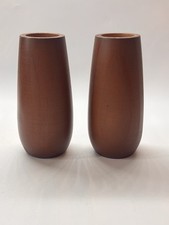 Vintage Artisan Turned Wood Pillar Candle Holder Set, Mid Century 6  Tall
