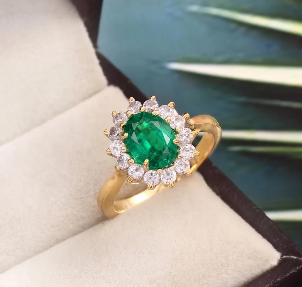 4.50 Ct Natürlicher Smaragd Panna Blüten Halo Ring 14k Goldplattiert Silber - Bild 1 von 3