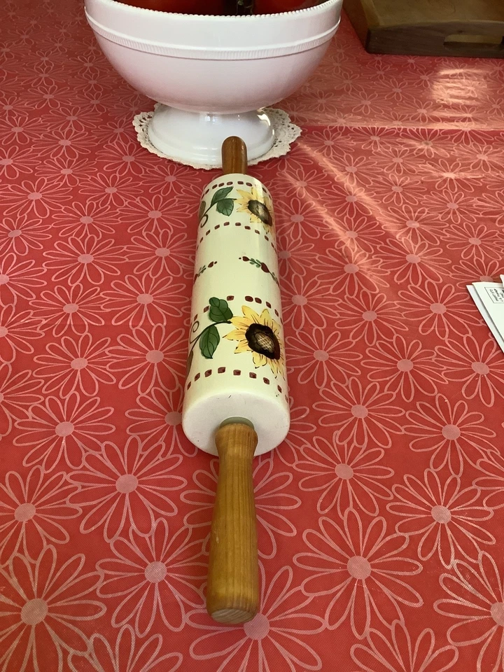 Ceramic Rolling Pin Sunflowers Green Leaves Wood Handles Baking Dough Country - Image 3 of 4