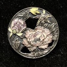 ANTIQUE JAPANESE STERLING AND ENAMEL  PEONY BUTTON