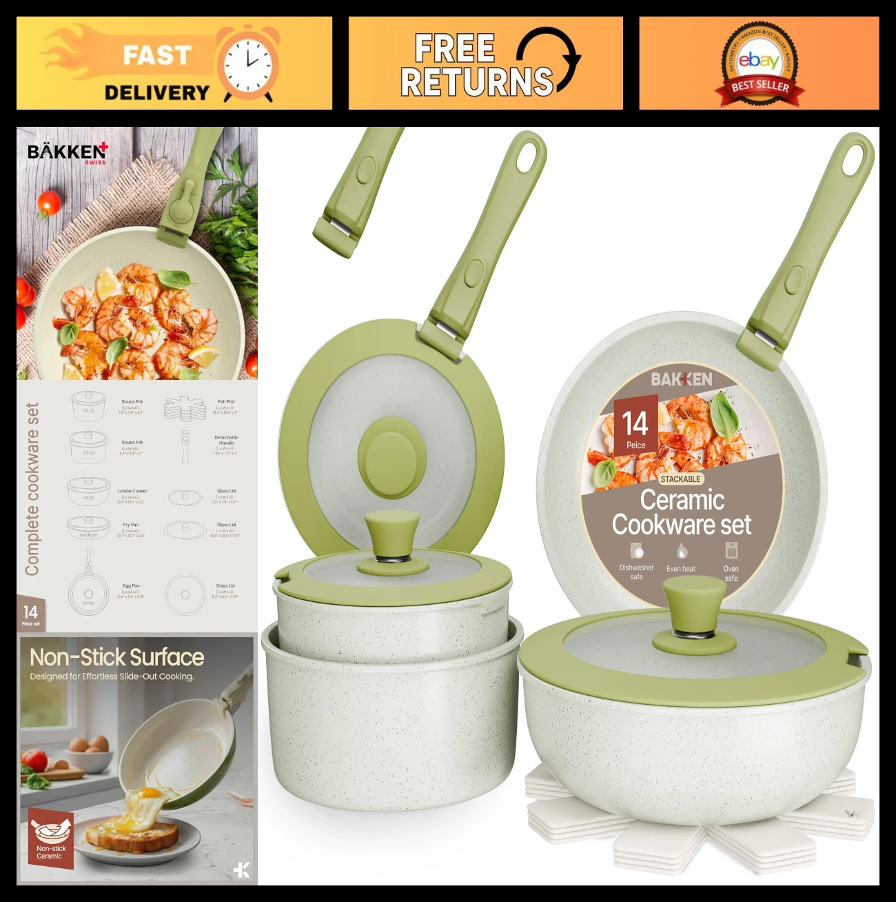 14-Piece Non-Stick Ceramic-Granite Cookware Set, Stackable, Dishwasher Safe, Ove