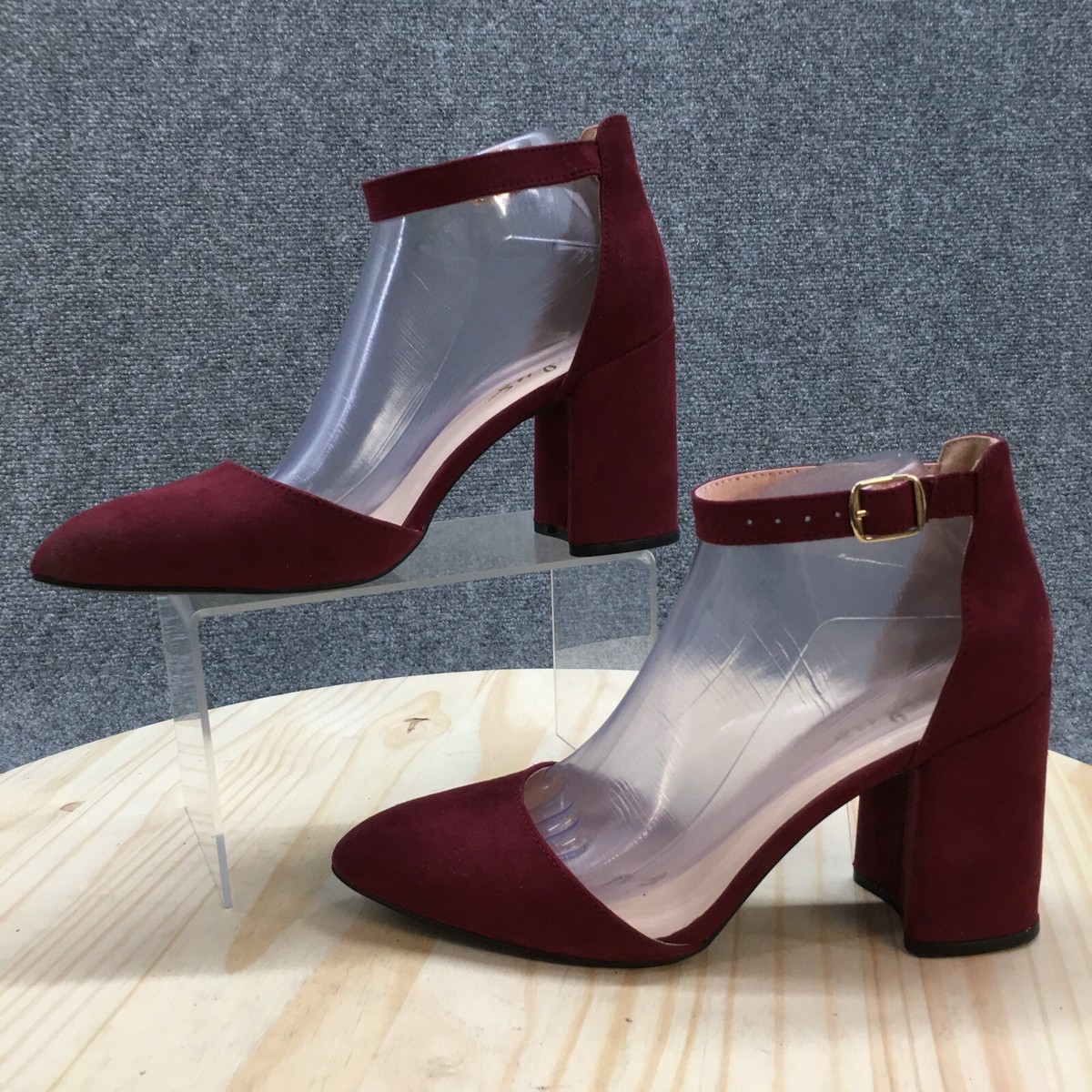 Lulus Heels Womens 8 D' Orsay Ankle Strap Block Burgundy Suede