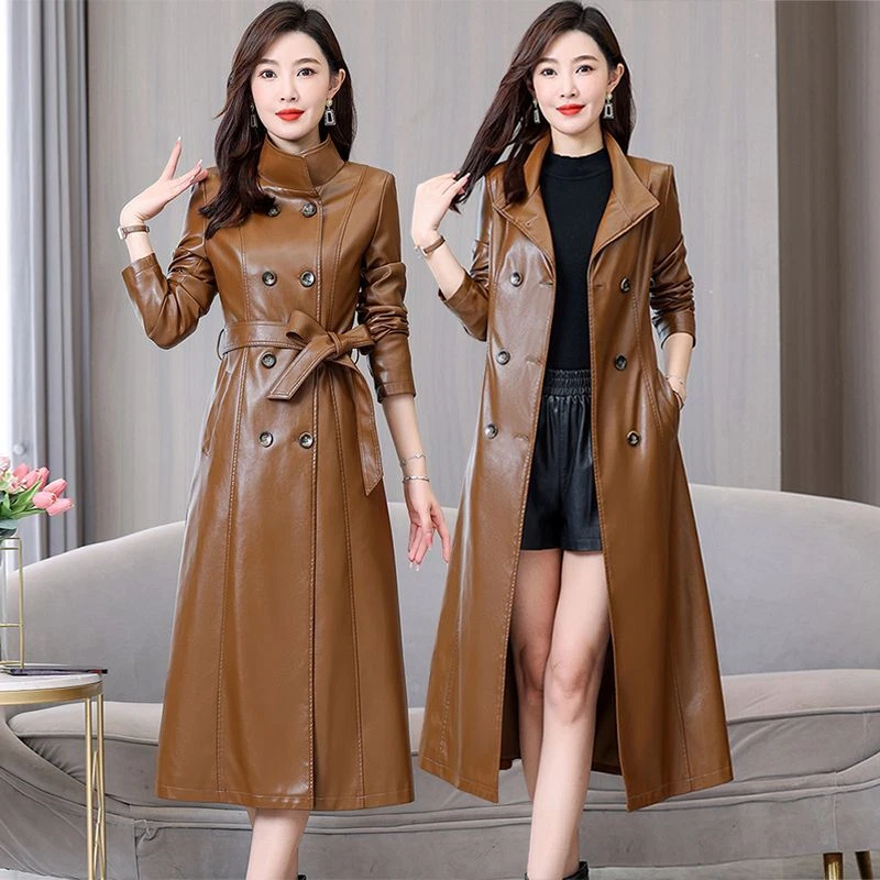 Abrigo de cuero largo para mujer cortavientos otoño cuero chaqueta exterior cubierta abrigo de cuero Foto 3 de 4