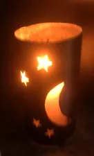 Celestial Moon & Stars Candlelight Cover Metal Tarnished Finish & Candle Crescen