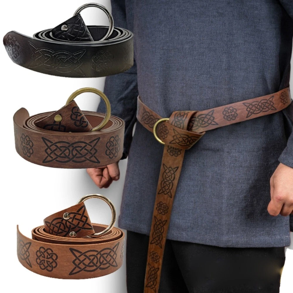 Medieval Embossed Viking PU Leather O Ring Belt Knight Buckles Belt Waistband