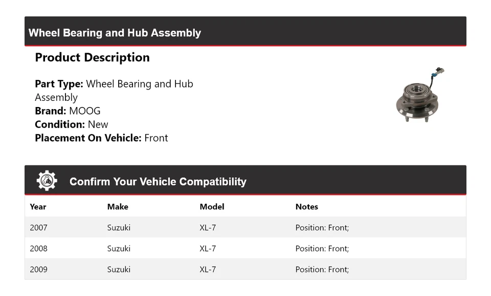 Conjunto de cojinete de rueda y buje delantero MOOG 2007-2009 para Suzuki XL-7 Foto 2 de 4
