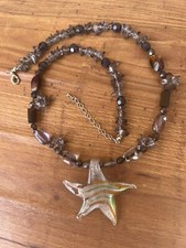 Glass Swirl Starfish Dichroic Green Yellow FrostFused Foil Smoky Beaded Necklace