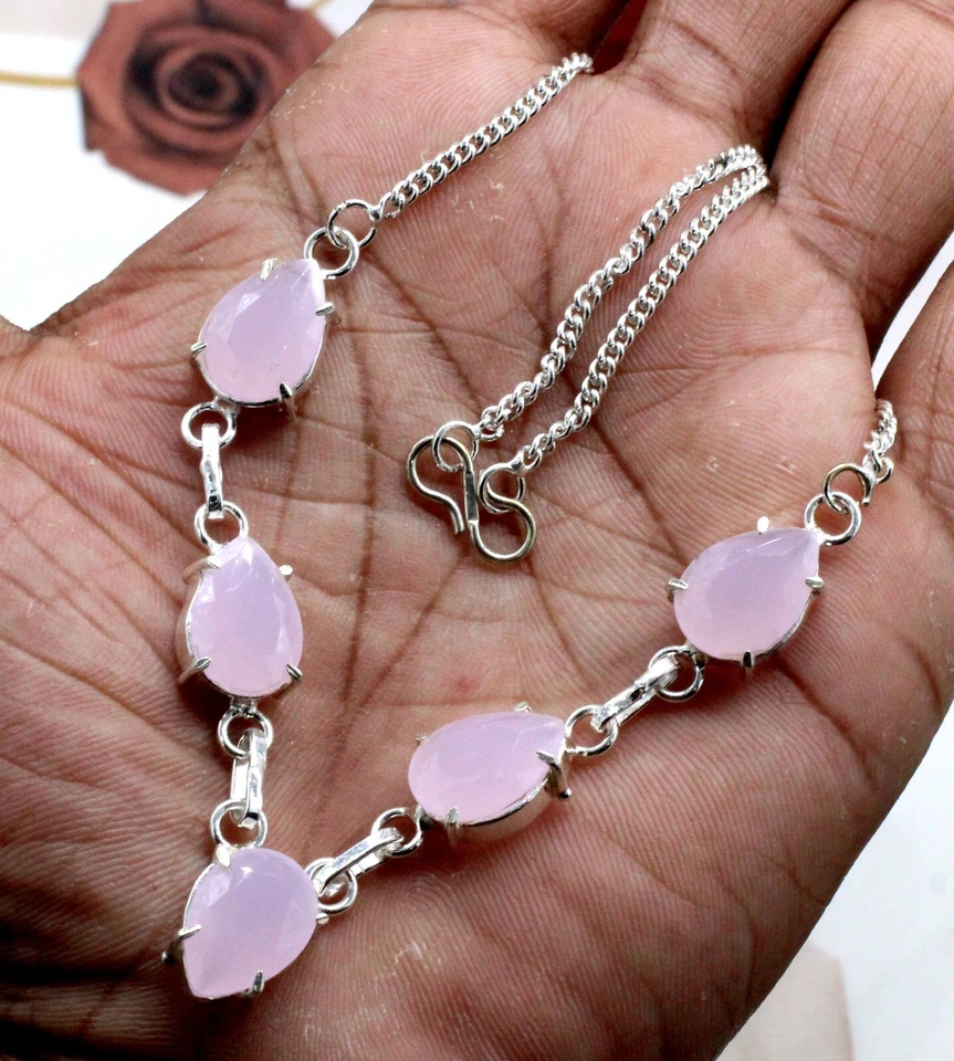 Rose Quartz Gemstone 925 Sterling Silver Jewelry Necklace Gift For Her 17-18 - Image 3 of 4