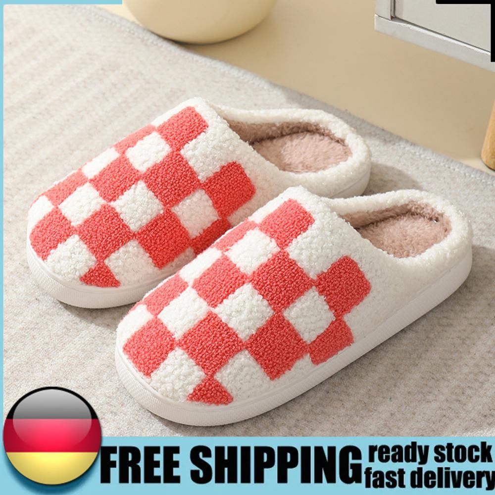 APL Checkered Anti Slip Fluffy Preppy Slippers Flat Thermal Slippers Warm for Winter