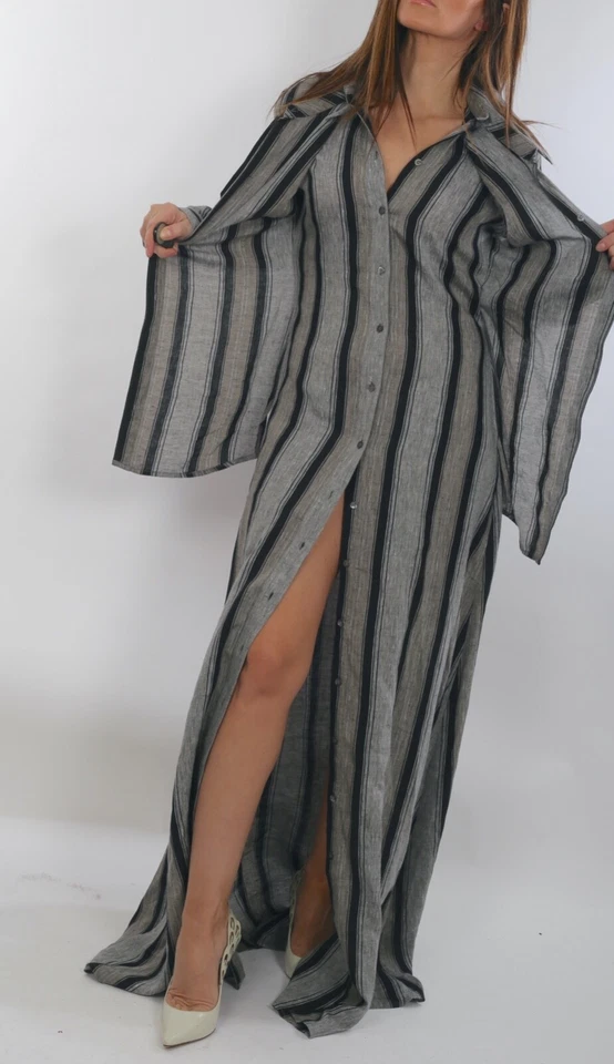 Y/PROJECT Gray Linen Striped Long Sleeve Button Down Tie Front Maxi Dress Size S - Image 2 of 4