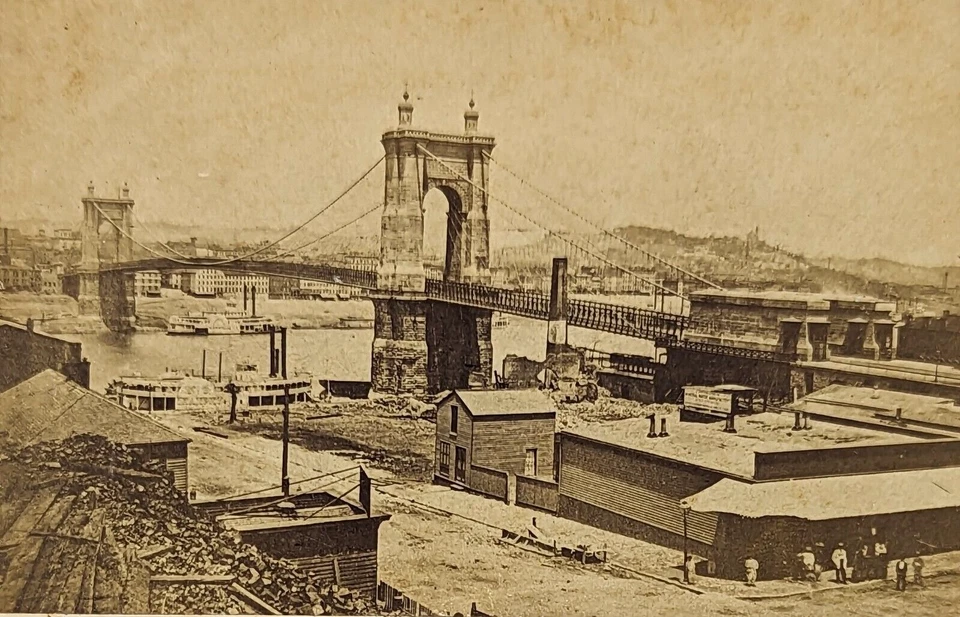 KENTUCKY Cincinnati & Covington Roebling Bridge Antique CDV Photograph c. 1870 - Image 2 of 4