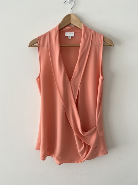 Witchery Cross Front Blouse Size 8 Coral Pink Orange Sleeveless Faux Wrap Top 