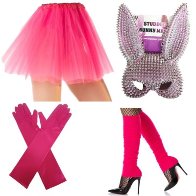 PINK TUTU skirt Gloves Leg Warmers Studded Bunny Mask Halloween costume Set  LOT UK