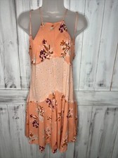 FREE PEOPLE PEACH WHITE FLORAL RAYON STRAPPY BOHO COTTAGE CRESCENT SLIP DRESS XS
