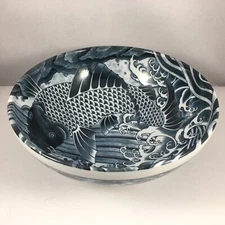 SET of 2 Japanese Rice Noodle Bowl 8.25"D Porcelain Navy Black Koi Made in Japan