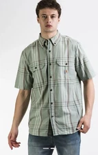 Carhartt Men’s S/S Loose Fit Mid Weight Green Plaid Shirt Workwear Medium