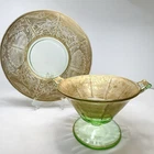 VTG Emerald Green Depression Glass Plate & Handled Compote Gold Overlay Art Deco