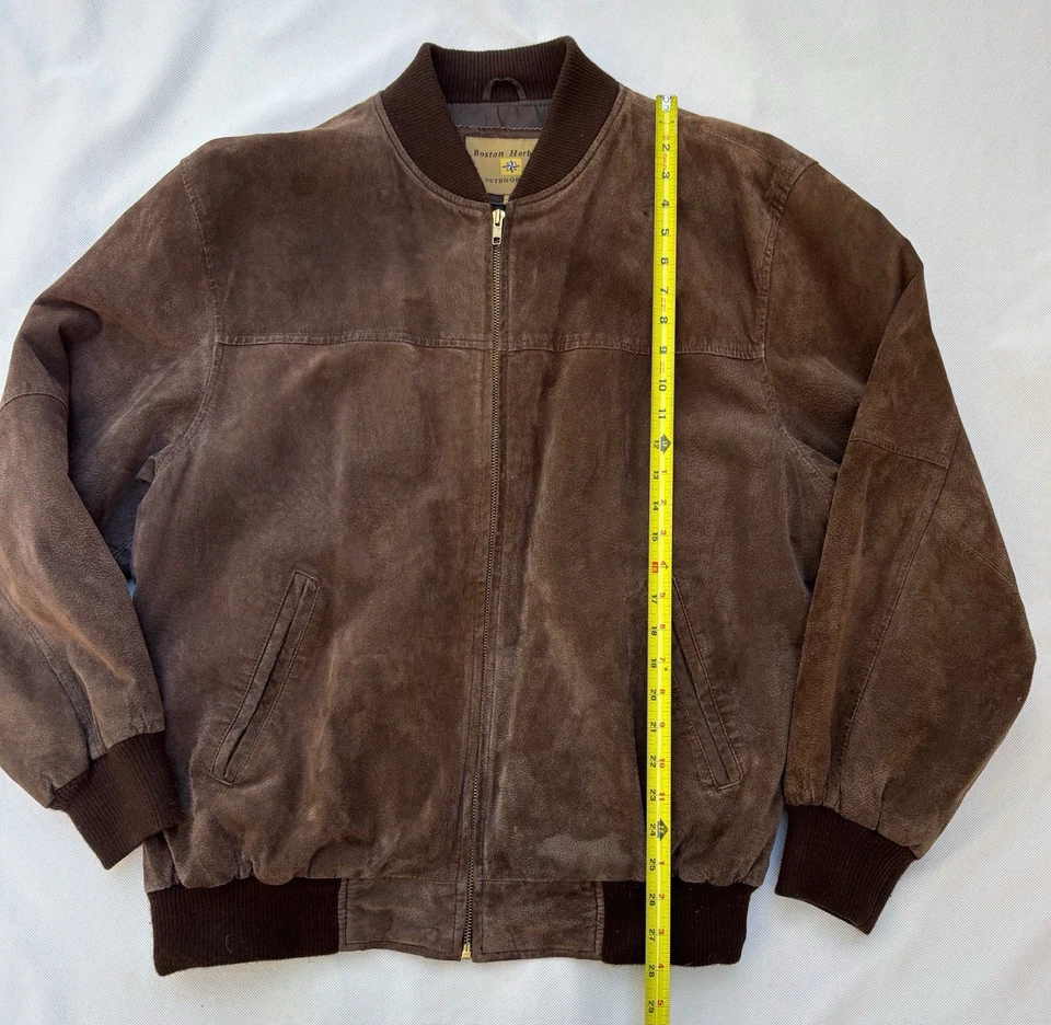 Boston Harbour 巧克力棕色麂皮绒皮革轰炸机夹克男式 L 2000s — 第 4/4 张图片
