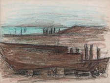 JEANETTE WELTY CHELF Pastellzeichnung ABSTRAKTE BOOTE AN DER KÜSTE um 1960 IMPRESSIONISMUS