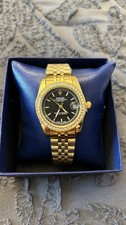 Ladies Gold Watch Black Face And Diamonte Round Bezel