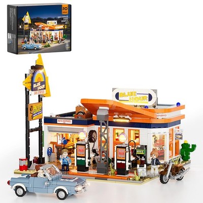 FUNWHOLE City Gas-Station Lighting-Building-Bricks Set - Road Trip Modular Car