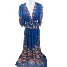 Farm Rio NWT SZ Med Nature Beauty Chiffon Blue Maxi Dress Floral Print V Neck