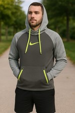 Nike Therma-FIT Hoodie Men s M Gray Neon Yellow Athletic Pullover Sweatshirt