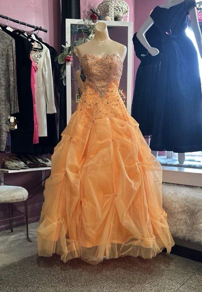 Vestido de baile vintage Y2K años 2000 graduación quinceañera naranja sin tirantes cuentas hadas XS Foto 2 de 4