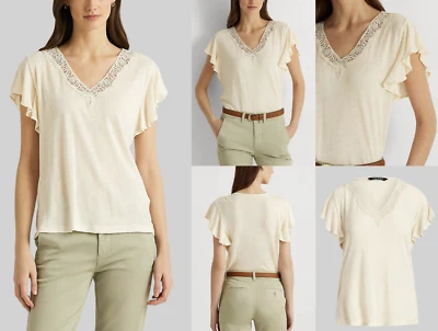 Lauren Ralph Lauren Siglay Lin Encolure En V T-Shirt À Volants Blouse Haut S - Photo 1/4