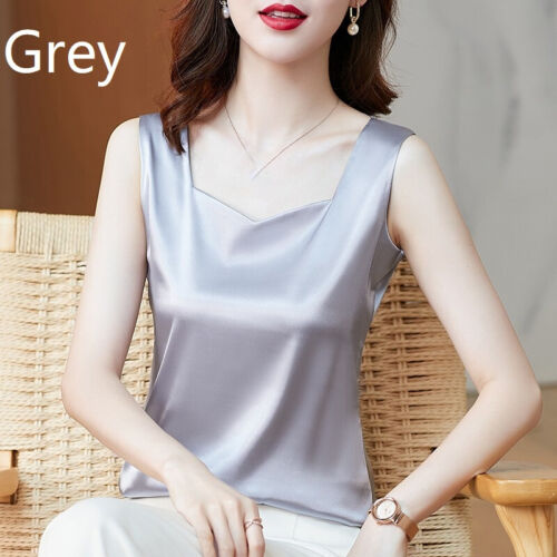 Women Silky Plain Satin Tank Vest Top Wide Strap Camisole Sleeveless Blouse Chic - Picture 16 of 19