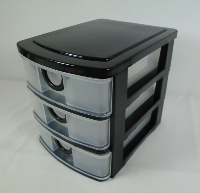 3 Drawer Mini Storage Desktop Organizer Unit Black / Clear Plastic eBay