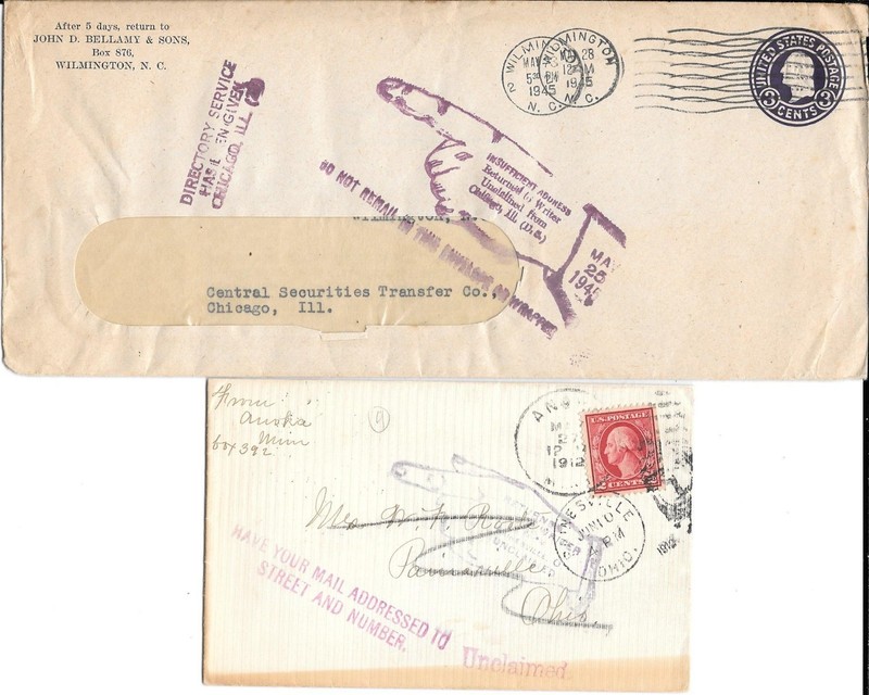 U.S.-North Carolina/ Minnesota Covers- both w/  P.O.auxiliary markings- Ohio & I