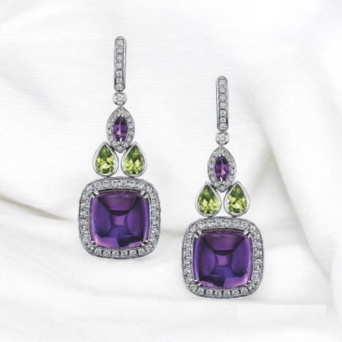 Lab Amethyst & Peridot Sugarloaf Earrings 925 Sterling Silver Glamorous Jewelry - Picture 2 of 6