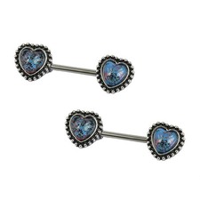 Nipple Rings of Heart Shaped with Glass Gem 14ga Pair