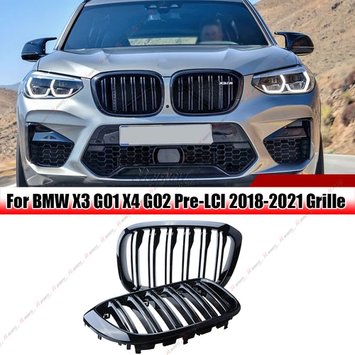 For BMW X3 X4 G01 G02 2018-2021 M-Style Gloss Black Front Kidney Grill Dual Slat