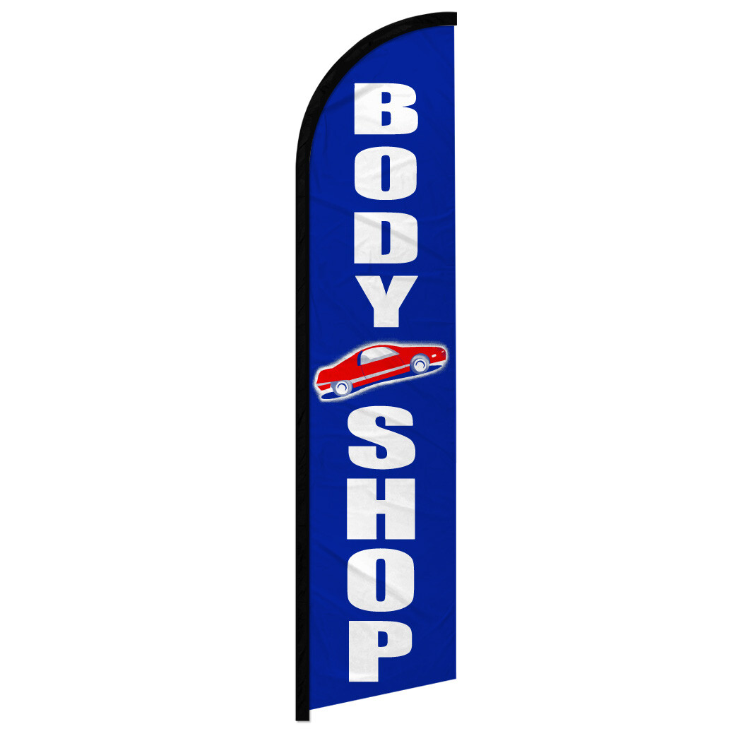 Full Curve Windless Swooper Flag For Auto Body Shops - 11.5ft X 2.5ft Polyester Feather Flag, Floor Standing