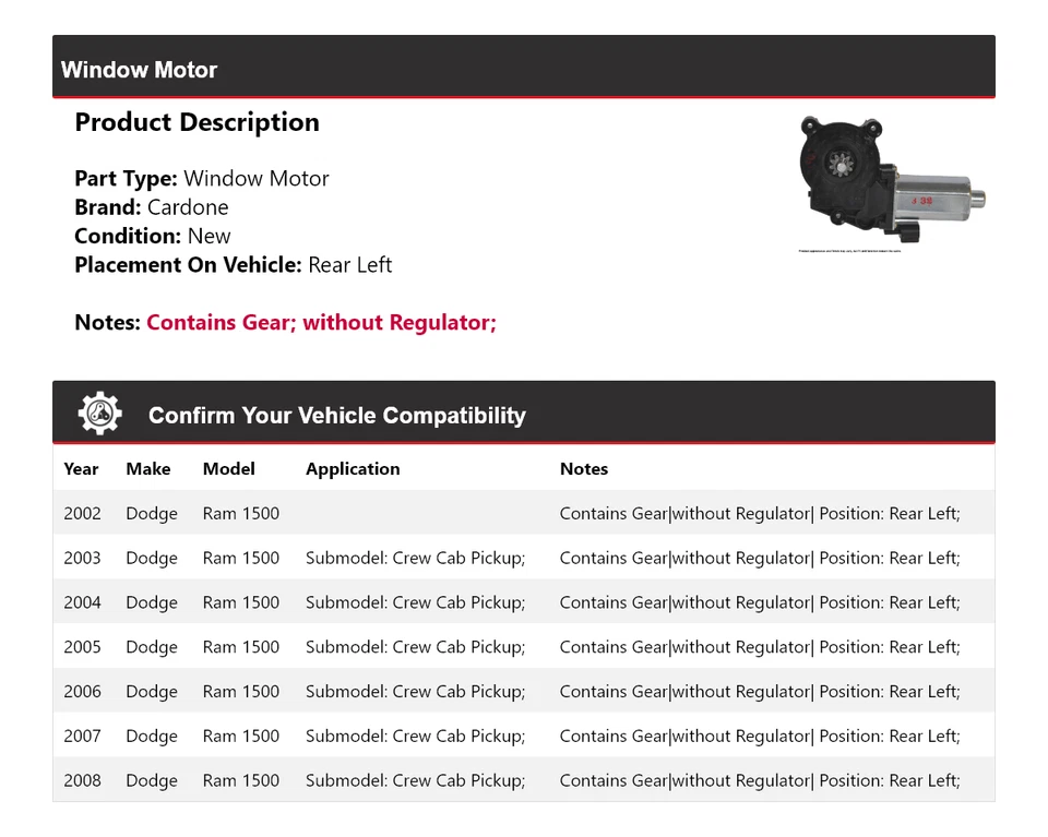 Motor de ventana trasero izquierdo cardone 2003 2004 2005 2006 Dodge Ram 1500 2002-2008 Foto 2 de 4